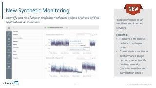 © 2020 OpsRamp. All Rights Reserved.10
New Synthetic Monitoring
Track performance of
websites and internet
services.
Beneﬁts:
● Remove bottlenecks
before they impact
users.
● Correlate transactional
performance (page
responsiveness) with
business metrics
(conversion rates and
completion rates.)
Identify and resolve user performance issues across business-critical
applications and services
 