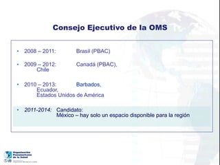 Consejo Ejecutivo de la OMS


•   2008 – 2011:        Brasil (PBAC)

•   2009 – 2012:        Canadá (PBAC),
        Chile

•   2010 – 2013:       Barbados,
        Ecuador,
        Estados Unidos de América

•   2011-2014: Candidato:
               México – hay solo un espacio disponible para la región
 