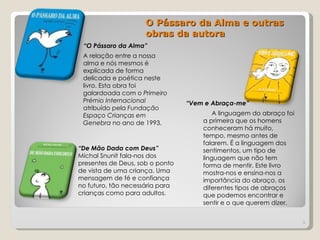 O Pássaro da Alma e outras
                     obras da autora
 “O Pássaro da Alma”
 A relação entre a nossa
 alma e nós mesmos é
 explicada de forma
 delicada e poética neste
 livro. Esta obra foi
 galardoada com o Primeiro
 Prémio Internacional            “Vem e Abraça-me”
 atribuído pela Fundação
 Espaço Crianças em                      A linguagem do abraço foi
 Genebra no ano de 1993.             a primeira que os homens
                                     conheceram há muito,
                                     tempo, mesmo antes de
                                     falarem. É a linguagem dos
“De Mão Dada com Deus”               sentimentos, um tipo de
Michal Snunit fala-nos dos           linguagem que não tem
presentes de Deus, sob o ponto       forma de mentir. Este livro
de vista de uma criança. Uma         mostra-nos e ensina-nos a
mensagem de fé e confiança           importância do abraço, os
no futuro, tão necessária para       diferentes tipos de abraços
crianças como para adultos.          que podemos encontrar e
                                     sentir e o que querem dizer.


                                                                     3
 