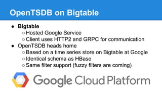 OpenTSDB on Bigtable
● Bigtable
○Hosted Google Service
○Client uses HTTP2 and GRPC for communication
● OpenTSDB heads home...
