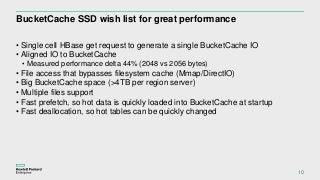 BucketCache SSD wish list for great performance
• Single cell HBase get request to generate a single BucketCache IO
• Alig...