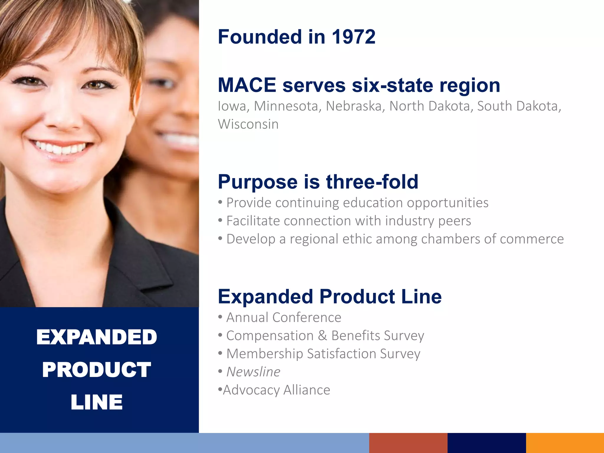 EXPANDED
PRODUCT
LINE
Founded in 1972
MACE serves six-state region
Iowa, Minnesota, Nebraska, North Dakota, South Dakota,
Wisconsin
Purpose is three-fold
• Provide continuing education opportunities
• Facilitate connection with industry peers
• Develop a regional ethic among chambers of commerce
Expanded Product Line
• Annual Conference
• Compensation & Benefits Survey
• Membership Satisfaction Survey
• Newsline
•Advocacy Alliance
 