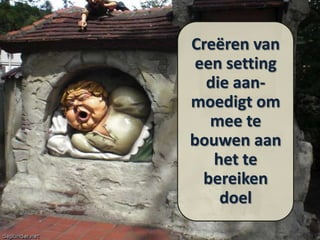 Creëren van
een setting
die aanmoedigt om
mee te
bouwen aan
het te
bereiken
doel

 
