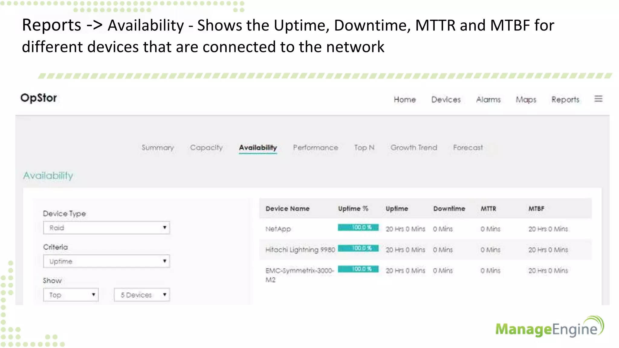 Reports -> Availability - Shows the Uptime, Downtime, MTTR and MTBF for
different devices that are connected to the network
 
