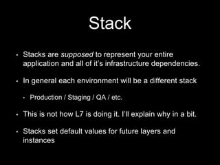 Stack 
• Stacks are supposed to represent your entire 
application and all of it’s infrastructure dependencies. 
• In general each environment will be a different stack 
• Production / Staging / QA / etc. 
• This is not how L7 is doing it. I’ll explain why in a bit. 
• Stacks set default values for future layers and 
instances 
 