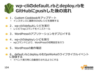 wp-cliのdefault.rbとdeploy.rbを
GitHubにpushした後の流れ
１．Custom Cookbookをアップデート
• インスタンスに最新のChefレシピを展開する
２．wp-cliのdefaultレシピを実行
• レシピでwpコマンドをインストール
３．WordPressのアプリケーションをデプロイする
４．wp-cliのdeployレシピを実行
• wpコマンドにより、WordPressの初期設定を行う
５．WordPressの動作確認
６．default.rbとdeploy.rbをOpsWorksのライフサイクルイベント
に登録する
• イベント実行時に自動実行されるようにする
104
 