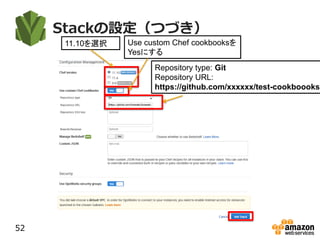 Stackの設定（つづき）
52
Repository type: Git
Repository URL:
https://github.com/xxxxxx/test-cookboooks.
Use custom Chef cookbooksを
Yesにする
11.10を選択
 