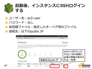 起動後、インスタンスにSSHログイン
する
ユーザー名：ec2-user
パスワード：なし
秘密鍵ファイル：指定したキーペア用のファイル
接続先：以下のpublic IP
67
接続先のpublic IP
sshリンクをクリック
すると、SSH接続に
必要な情報が表示さ
れる。（任意）
 