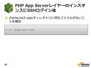 PHP App Serverレイヤーのインスタ
ンスにSSHログイン後
/home/ec2-userディレクトリに何もファイルがないこ
とを確認
68
$ ls /home/ec2-user
 