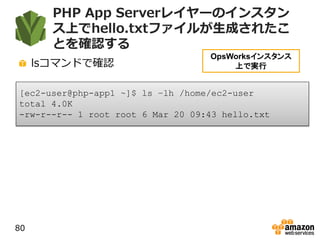 PHP App Serverレイヤーのインスタン
ス上でhello.txtファイルが生成されたこ
とを確認する
lsコマンドで確認
80
[ec2-user@php-app1 ~]$ ls –lh /home/ec2-user
total 4.0K
-rw-r--r-- 1 root root 6 Mar 20 09:43 hello.txt
OpsWorksインスタンス
上で実行
 