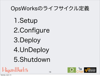 1.Setup
2.Conﬁgure
3.Deploy
4.UnDeploy
5.Shutdown
16
OpsWorksのライフサイクル定義
Saturday, July 6, 13
 