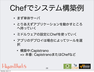 Chefでシステム構築例
• まず単体サーバ
• とりあえずアプリケーションを動かすところ
へ持っていく
• ミドルウェアの設定にChefを使っていく
• アプリのデプロイは場合によってツールを選
択
• 構築中:Capistrano
=> 本番: CapistranoまたはChefなど
28
Saturday, July 6, 13
 