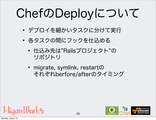 ChefのDeployについて
• デプロイを細かいタスクに分けて実行
• 各タスクの間にフックを仕込める
• 仕込み先は Railsプロジェクト の
リポジトリ
• migrate, symlink, restartの
それぞれberfore/afterのタイミング
38
Saturday, July 6, 13
 