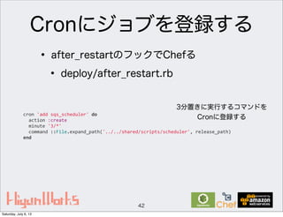 Cronにジョブを登録する
42
• after_restartのフックでChefる
• deploy/after_restart.rb
cron	
  'add	
  sqs_scheduler'	
  do
	
  	
  action	
  :create
	
  	
  minute	
  '3/*'
	
  	
  command	
  ::File.expand_path('../../shared/scripts/scheduler',	
  release_path)
end
3分置きに実行するコマンドを
Cronに登録する
Saturday, July 6, 13
 