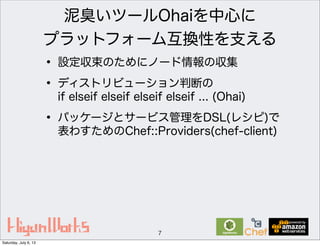 泥臭いツールOhaiを中心に
プラットフォーム互換性を支える
• 設定収束のためにノード情報の収集
• ディストリビューション判断の
if elseif elseif elseif elseif ... (Ohai)
• パッケージとサービス管理をDSL(レシピ)で
表わすためのChef::Providers(chef-client)
7
Saturday, July 6, 13
 