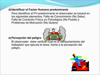 d)Identificar el Factor Humano predominante
Para identificar el FH predominante el observador se basará en
los siguientes elementos: Falta de Conocimiento (No Sabe),
Falta de Condición Física y/o Psicológica (No Puede) y
Problemas de Motivación (No Quiere)
e) Percepción del peligro
El observador debe verificar cual es el comportamiento del
trabajador que ejecuta la tarea, frente a la percepción del
peligro.
 