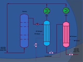 NH3:50%
CO2:40%
Water:10%
E-13E-14
NH3:50%
CO2:40%
Water:10%
Reactor
HP-Stripper
MP Stripper
V-7
MP Steam
Condensate
HP Steam
V-8
V-9
V-10
 