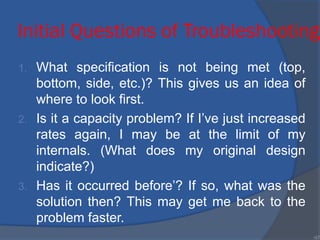 Initial Questions of Troubleshooting
1. What specification is not being met (top,
bottom, side, etc.)? This gives us an idea of
where to look first.
2. Is it a capacity problem? If I’ve just increased
rates again, I may be at the limit of my
internals. (What does my original design
indicate?)
3. Has it occurred before’? If so, what was the
solution then? This may get me back to the
problem faster.
•27
 