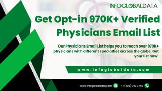 Get Opt-in 970K+ Verified
Physicians Email List
w w w . i n f o g l o b a l d a t a . c o m
+1 (206) 792 3760
www.infoglobaldata.com
Our Physicians Email List helps you to reach over 970K+
physicians with different specialties across the globe. Get
your list now!
 
