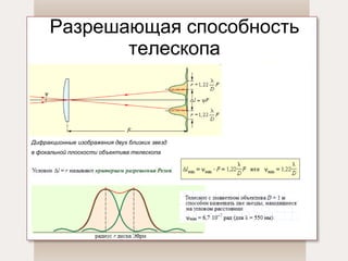 Разрешающая способность телескопа Дифракционные изображения двух близких звезд в фокальной плоскости объектива телескопа   