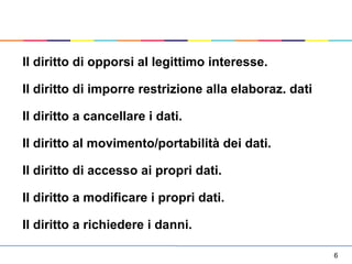 6
ll diritto di opporsi al legittimo interesse.
Il diritto di imporre restrizione alla elaboraz. dati
Il diritto a cancellare i dati.
Il diritto al movimento/portabilità dei dati.
Il diritto di accesso ai propri dati.
Il diritto a modificare i propri dati.
Il diritto a richiedere i danni.
 
