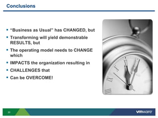 20
Conclusions
 “Business as Usual” has CHANGED, but
 Transforming will yield demonstrable
RESULTS, but
 The operating model needs to CHANGE
which
 IMPACTS the organization resulting in
 CHALLENGES that
 Can be OVERCOME!
 