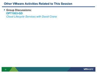 22
Other VMware Activities Related to This Session
 Group Discussions:
OPT1003-GD
Cloud Lifecycle Services with David Crane
 
