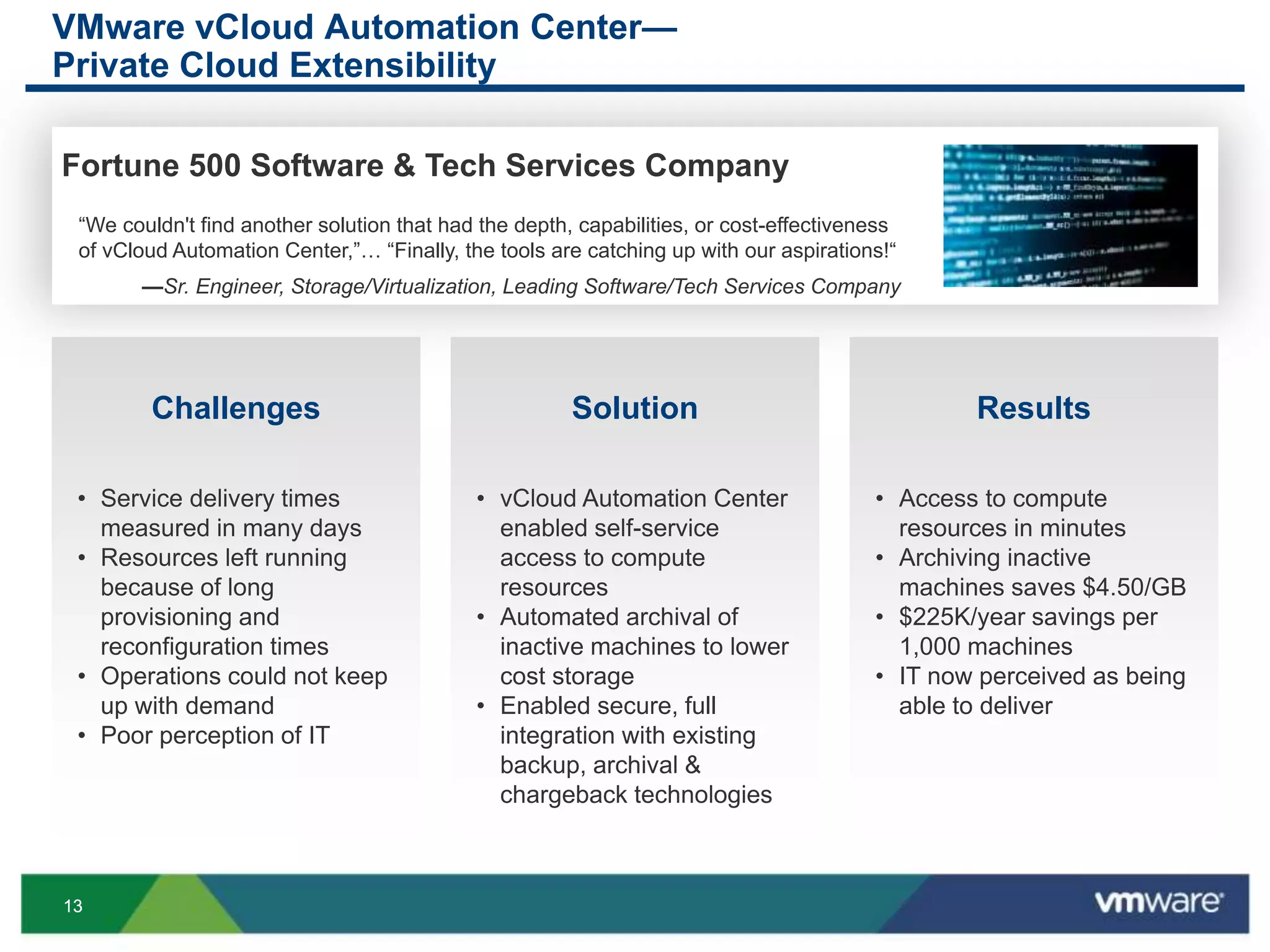 1313
VMware vCloud Automation Center—
Private Cloud Extensibility
Fortune 500 Software & Tech Services Company
“We couldn't find another solution that had the depth, capabilities, or cost-effectiveness
of vCloud Automation Center,”… “Finally, the tools are catching up with our aspirations!“
—Sr. Engineer, Storage/Virtualization, Leading Software/Tech Services Company
Challenges
• Service delivery times
measured in many days
• Resources left running
because of long
provisioning and
reconfiguration times
• Operations could not keep
up with demand
• Poor perception of IT
Results
• Access to compute
resources in minutes
• Archiving inactive
machines saves $4.50/GB
• $225K/year savings per
1,000 machines
• IT now perceived as being
able to deliver
Solution
• vCloud Automation Center
enabled self-service
access to compute
resources
• Automated archival of
inactive machines to lower
cost storage
• Enabled secure, full
integration with existing
backup, archival &
chargeback technologies
 