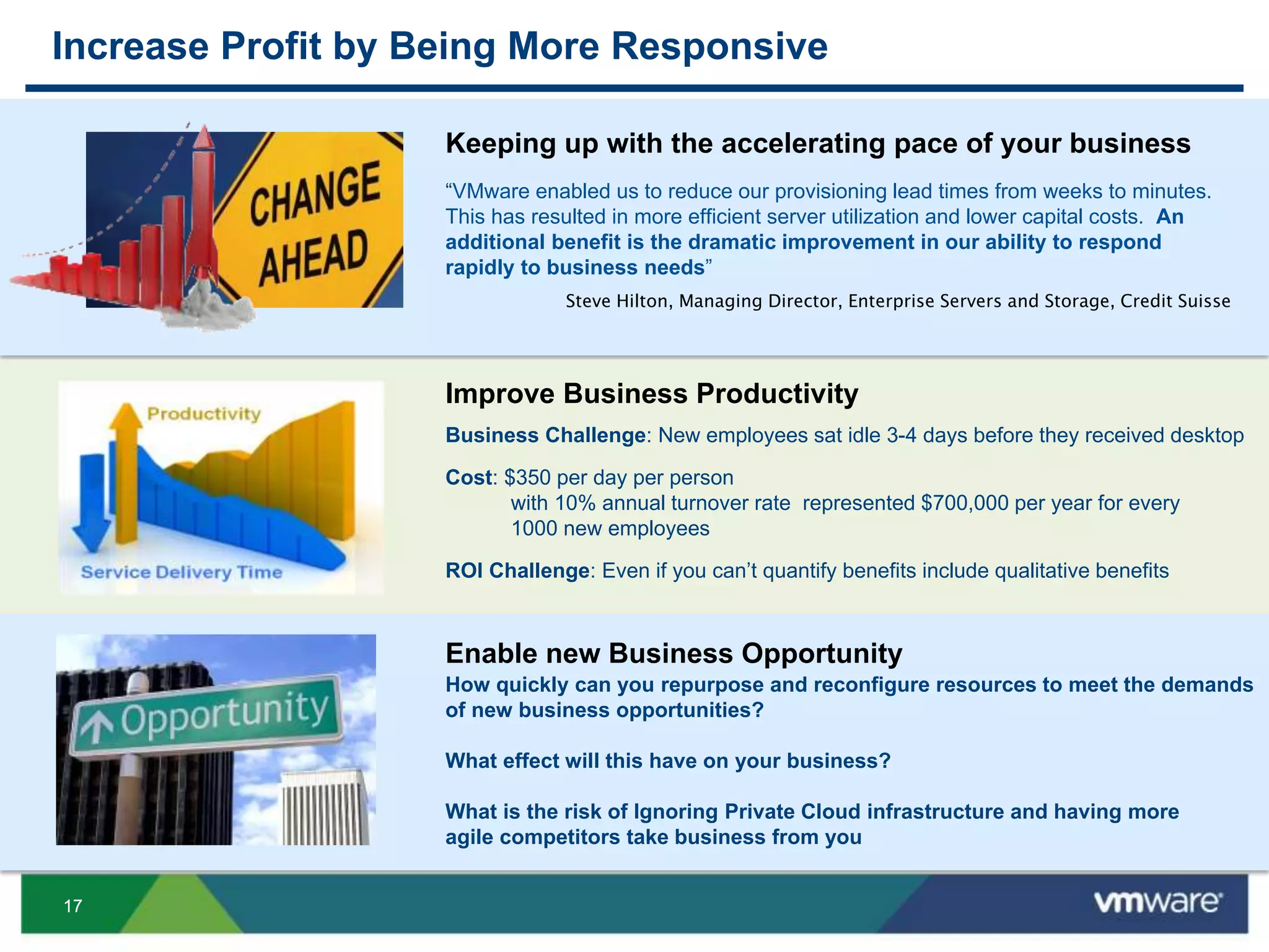 1717
Increase Profit by Being More Responsive
17
Keeping up with the accelerating pace of your business
“VMware enabled us to reduce our provisioning lead times from weeks to minutes.
This has resulted in more efficient server utilization and lower capital costs. An
additional benefit is the dramatic improvement in our ability to respond
rapidly to business needs”
Steve Hilton, Managing Director, Enterprise Servers and Storage, Credit Suisse
Improve Business Productivity
Enable new Business Opportunity
Business Challenge: New employees sat idle 3-4 days before they received desktop
Cost: $350 per day per person
with 10% annual turnover rate represented $700,000 per year for every
1000 new employees
ROI Challenge: Even if you can’t quantify benefits include qualitative benefits
How quickly can you repurpose and reconfigure resources to meet the demands
of new business opportunities?
What effect will this have on your business?
What is the risk of Ignoring Private Cloud infrastructure and having more
agile competitors take business from you
 