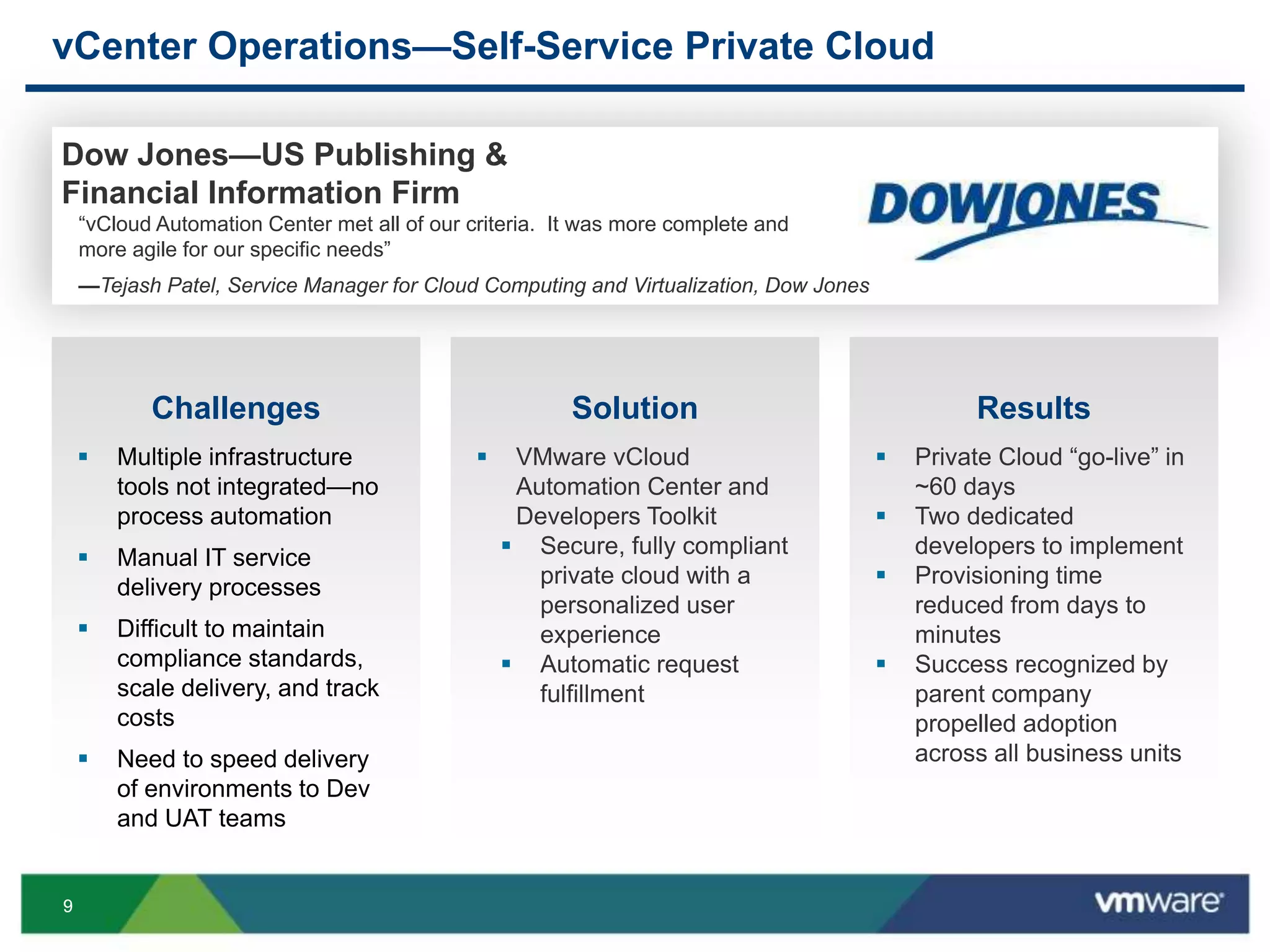 99
vCenter Operations—Self-Service Private Cloud
Dow Jones—US Publishing &
Financial Information Firm
“vCloud Automation Center met all of our criteria. It was more complete and
more agile for our specific needs”
—Tejash Patel, Service Manager for Cloud Computing and Virtualization, Dow Jones
Challenges
 Multiple infrastructure
tools not integrated—no
process automation
 Manual IT service
delivery processes
 Difficult to maintain
compliance standards,
scale delivery, and track
costs
 Need to speed delivery
of environments to Dev
and UAT teams
Results
 Private Cloud “go-live” in
~60 days
 Two dedicated
developers to implement
 Provisioning time
reduced from days to
minutes
 Success recognized by
parent company
propelled adoption
across all business units
Solution
 VMware vCloud
Automation Center and
Developers Toolkit
 Secure, fully compliant
private cloud with a
personalized user
experience
 Automatic request
fulfillment
 