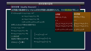  
 
 
 
 
 
 
 
 
 
 
C = {(r, u1, u2)|r = c1x1 + c2x2 − tw*
u1 = a11x1 + a12x2 + x3 − tb1
u2 = a21x1 + a22x2 + x4 − tb2
t ≥ 0, x1 ≥ 0, x2 ≥ 0, x3 ≥ 0, x4 ≥ 0}
(1, 0, 0) ∈ C
1 = c1x1 + c2x2 − tw*
0 = a11x1 + a12x2 + x3 − tb1
0 = a21x1 + a22x2 + x4 − tb2
t > 0
t
x3
i =
xi
t
 
 
 
 
1
t
= c1x3
1 + c2x3
2 − w*
0 = a11x3
1 + a12x3
2 + x3
3 − b1
0 = a21x3
1 + a22x3
2 + x3
4 − b2
 
 
 
 
max c1x1 + c2x2
s . t .
{
a11x1 + a12x2 + x3 = b1
a21x1 + a22x2 + x4 = b2
x1 ≥ 0, x2 ≥ 0, x3 ≥ 0, x4 ≥ 0
 
 
 
 
min b1y1 + b2y2
s . t .
{
a11y1 + a21y2 ≥ c1
a12y1 + a22y2 ≥ c2
y1 ≥ 0, y2 ≥ 0
 
