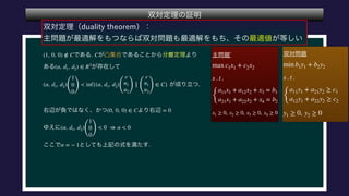  
 
 
 
 
 
 
 
 
 
 
(1, 0, 0) ∉ C C
(α, d1, d2) ∈ R3
(α, d1, d2)
(
1
0
0)
< inf{(α, d1, d2)
(
r
u1
u2
) (
r
u1
u2
)
∈ C}
(0, 0, 0) ∈ C = 0
(α, d1, d2)
(
1
0
0)
< 0 ⇒ α < 0
α = − 1
 
 
 
 
 
max c1x1 + c2x2
s . t .
{
a11x1 + a12x2 + x3 = b1
a21x1 + a22x2 + x4 = b2
x1 ≥ 0, x2 ≥ 0, x3 ≥ 0, x4 ≥ 0
 
 
 
 
min b1y1 + b2y2
s . t .
{
a11y1 + a21y2 ≥ c1
a12y1 + a22y2 ≥ c2
y1 ≥ 0, y2 ≥ 0
 