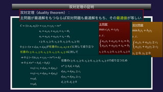  
 
 
 
 
 
 
 
 
 
 
 
C = {(r, u1, u2)|r = c1x1 + c2x2 − tw*
u1 = a11x1 + a12x2 + x3 − tb1
u2 = a21x1 + a22x2 + x4 − tb2
t ≥ 0, x1 ≥ 0, x2 ≥ 0, x3 ≥ 0, x4 ≥ 0}
0 ≤ (−1)r + d1u1 + d2u2 (r, u1, u2) ∈ C
t ≥ 0, x1 ≥ 0, x2 ≥ 0, x3 ≥ 0, x4 ≥ 0
⇒ 0 ≤ (−1)(c1x1 + c2x2 − tw*) + d1(a11x1 + a12x2 + x3 − tb1) + d2(a21x1 + a22x2 + x4 − tb2)
⇒ 0 ≤ t(w* − b1d1 − b2d2)
+x1(−c1 + d1a11 + d2a21)
+x2(−c2 + d2a12 + d2a22)
+x3d1
+x4d2
 
 
 
 
 
min b1y1 + b2y2
s . t .
{
a11y1 + a21y2 ≥ c1
a12y1 + a22y2 ≥ c2
y1 ≥ 0, y2 ≥ 0
 
 
 
 
t ≥ 0, x1 ≥ 0, x2 ≥ 0, x3 ≥ 0, x4 ≥ 0
w* ≥ b1d1 + b2d2
d1a11 + d2a21 ≥ c1
d1a12 + d2a22 ≥ c2
d1 ≥ 0 d2 ≥ 0
 
 
 
 
max c1x1 + c2x2
s . t .
{
a11x1 + a12x2 + x3 = b1
a21x1 + a22x2 + x4 = b2
x1 ≥ 0, x2 ≥ 0, x3 ≥ 0, x4 ≥ 0
 
