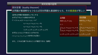  
 
 
 
 
 
 
 
 
 
 
 
w*
C = {(r, u1, u2)|r = c1x1 + c2x2 − tw*
u1 = a11x1 + a12x2 + x3 − tb1
u2 = a21x1 + a22x2 + x4 − tb2
t ≥ 0, x1 ≥ 0, x2 ≥ 0, x3 ≥ 0, x4 ≥ 0}
(0, 0, 0) ∈ C
t = x1 = x2 = x3 = x4 = 0
 
 
 
 
 
min b1y1 + b2y2
s . t .
{
a11y1 + a21y2 ≥ c1
a12y1 + a22y2 ≥ c2
y1 ≥ 0, y2 ≥ 0
 
 
 
 
max c1x1 + c2x2
s . t .
{
a11x1 + a12x2 + x3 = b1
a21x1 + a22x2 + x4 = b2
x1 ≥ 0, x2 ≥ 0, x3 ≥ 0, x4 ≥ 0
 
