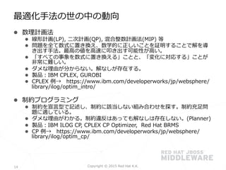 l  数理理計画法
l  線形計画(LP),  ⼆二次計画(QP),  混合整数計画法(MIP)  等
l  問題を全て数式に置き換え、数学的に正しいことを証明することで解を導
き出す⼿手法。最⾼高の値を⾼高速に叩き出す可能性が⾼高い。
l  「すべての事象を数式に置き換える」ことと、「変化に対応する」ことが
⾮非常に難しい。
l  ダメな理理由が分からない。解なしが存在する。
l  製品：IBM  CPLEX,  GUROBI
l  CPLEX  例例→ 　https://www.ibm.com/developerworks/jp/websphere/
library/ilog/optim_̲intro/
l  制約プログラミング
l  制約を宣⾔言型で記述し、制約に該当しない組み合わせを探す。制約充⾜足問
題に適している。
l  ダメな理理由がわかる。制約違反はあっても解なしは存在しない。(Planner)
l  製品：IBM  ILOG  CP,  CPLEX  CP  Optimizer,    Red  Hat  BRMS
l  CP  例例→ 　https://www.ibm.com/developerworks/jp/websphere/
library/ilog/optim_̲cp/
最適化⼿手法の世の中の動向
Copyright  ©  2015  Red  Hat  K.K.	
 14
 