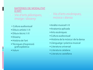  MATÈRIES DE MODALITAT
D’ART
 Via d’arts plàstiques,
imatge i disseny
• Cultura audiovisual
• Dibuix artístic I i II
• Dibuix tècnic I i II
• Disseny
• Història de l’art
•Tècniques d’expressió
graficoplàstica
•Volum
 Via d’arts escèniques,
música i dansa
•Anàlisi musical I i II
•Anatomia aplicada
•Arts escèniques
• Cultura audiovisual
• Història de la música i de la dansa
• Llenguatge i pràctica musical
• Literatura universal
• Literatura catalana
• Literatura castellana
 