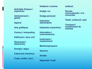 Activitats físiques i
esportives
 Administració i
gestió
 Agrària
 Arts gràfiques
 Comerç i màrqueting
 Edificació i obra civil
 Electricitat i
electrònica
 Energia i aigua
 Fabricació mecànica
 Fusta, moble i suro
 Hoteleria i turisme
 Imatge i so
 Imatge personal
 Indústries
alimentàries
 Indústries extractives
 Informàtica i
comunicacions
 Instal·lació i
manteniment
 Maritimopesquera
 Química
 Sanitat
 Seguretat i medi
 ambient
 Serveis
socioculturals i a la
comunitat
 Tèxtil, confecció i pell
 Transport i
manteniment de
vehicles
 