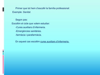  Primer que tot hem d’escollir la família professional:
Exemple: Sanitat.
 Segon pas:
Escollim el cicle que volem estudiar:
- -Cures auxiliars d’infermeria.
- -Emergències sanitàries.
- -farmàcia i parafarmàcia.
En aquest cas escollim cures auxiliars d’infermeria.
 