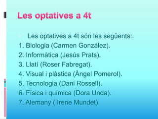  Les optatives a 4t són les següents:.
1. Biologia (Carmen González).
2. Informàtica (Jesús Prats).
3. Llatí (Roser Fabregat).
4. Visual i plàstica (Àngel Pomerol).
5. Tecnologia (Dani Rossell).
6. Física i química (Dora Unda).
7. Alemany ( Irene Mundet)
 