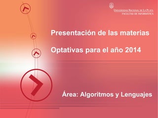 Presentación de las materias
Optativas para el año 2014

Área: Algoritmos y Lenguajes

 