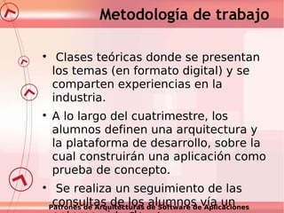 Metodología de trabajo






Clases teóricas donde se presentan
los temas (en formato digital) y se
comparten experienc...