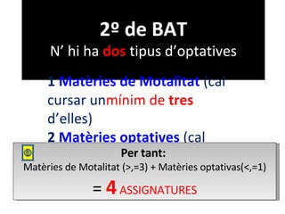 2º de BAT N’ hi ha  dos  tipus d’optatives 1   Matèries de Motalitat  (cal cursar un mínim de  tres  d’elles)  2   Matèries optatives  (cal cursar  una   com a màxim ) Per tant:  Matèries de Motalitat (>,=3) + Matèries optativas(<,=1) =  4  ASSIGNATURES 