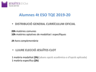 • DISTRIBUCIÓ GENERAL CURRÍCULUM OFICIAL
20h matèries comunes
10h matèries optatives de modalitat i específiques
1h hora complementària
Alumnes 4t ESO TQE 2019-20
• LLIURE ELECCIÓ JESUÏTES CLOT
1 matèria modalitat (3h) (abans opció acadèmica o d’opció aplicada)
1 matèria específica (2h)
 