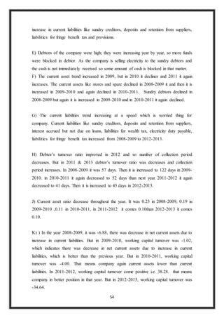 54
increase in current liabilities like sundry creditors, deposits and retention from suppliers,
liabilities for fringe benefit tax and provisions.
E) Debtors of the company were high; they were increasing year by year, so more funds
were blocked in debtor. As the company is selling electricity to the sundry debtors and
the cash is not immediately received so some amount of cash is blocked in that matter.
F) The current asset trend increased in 2009, but in 2010 it declines and 2011 it again
increases. The current assets like stores and spare declined in 2008-2009 it and then it is
increased in 2009-2010 and again declined in 2010-2011. Sundry debtors declined in
2008-2009 but again it is increased in 2009-2010 and in 2010-2011 it again declined.
G) The current liabilities trend increasing at a speed which is worried thing for
company. Current liabilities like sundry creditors, deposits and retention from suppliers,
interest accrued but not due on loans, liabilities for wealth tax, electricity duty payable,
liabilities for fringe benefit tax increased from 2008-2009 to 2012-2013.
H) Debtor’s turnover ratio improved in 2012 and so number of collection period
decreases. But in 2011 & 2013 debtor’s turnover ratio was decreases and collection
period increases. In 2008-2009 it was 57 days. Then it is increased to 122 days in 2009-
2010. in 2010-2011 it again decreased to 52 days than next year 2011-2012 it again
decreased to 41 days. Then it is increased to 45 days in 2012-2013.
J) Current asset ratio decrease throughout the year. It was 0.23 in 2008-2009, 0.19 in
2009-2010 ,0.11 in 2010-2011, in 2011-2012 it comes 0.10than 2012-2013 it comes
0.10.
K) ) In the year 2008-2009, it was -6.88, there was decrease in net current assets due to
increase in current liabilities. But in 2009-2010, working capital turnover was -1.02,
which indicates there was decrease in net current assets due to increase in current
liabilities, which is better than the previous year. But in 2010-2011, working capital
turnover was -4.00. That means company again current assets lower than current
liabilities. In 2011-2012, working capital turnover come positive i.e. 38.28. that means
company in better position in that year. But in 2012-2013, working capital turnover was
-34.64.
 