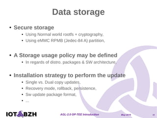 May-2016AGL-2.0 OP-TEE Introduction 11
Data storage
● Secure storage
● Using Normal world rootfs + cryptography,
● Using eMMC RPMB (Jedec-84 A) partition,
● A Storage usage policy may be defined
● In regards of distro. packages & SW architecture,
● Installation strategy to perform the update
● Single vs. Dual copy updates,
● Recovery mode, rollback, persistence,
● Sw update package format,
● ...
 