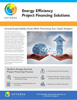 Energy Efficiency
Project Financing Solutions
At OpTerra Energy Services, we
know that there is a laundry list of
improvements and investments to be
made at any facility. We also realize that
while many organizations understand
the importance of “green” initiatives,
funding an energy efficiency project
may not be at the top of the list. Our
various financing options allow energy
efficiency projects of any size and
scale to be implemented, improving
your bottom line and exceeding
sustainability goals while offsetting or
eliminating your capital expenditure.
OpTerra has the expertise to leverage
utility incentives, tax benefits, and
applicable grants, along with funding
from our partners, to design and
implement comprehensive solutions
with robust energy savings and an
attractive ROI.
Exceed Sustainability Goals While Prioritizing Your CapEx Budget!
OpTerra Energy Services
Project Financing Process
1. Review available financing choices
with OpTerra team.
2. Customer evaluates options and
economics.
3. Financial partner funds project.
4. Realize dramatic energy savings
during and after project payback.
5. Watch your bottom line grow!
Tel 781-982-2888 • Email ci@OpterraEnergy.com
www.OpterraEnergy.com
 