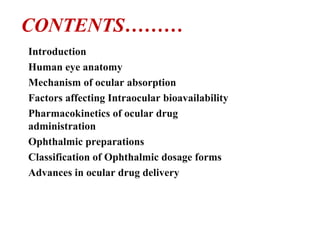CONTENTS………
Introduction
Human eye anatomy
Mechanism of ocular absorption
Factors affecting Intraocular bioavailability
Pharmacokinetics of ocular drug
administration
Ophthalmic preparations
Classification of Ophthalmic dosage forms
Advances in ocular drug delivery
 