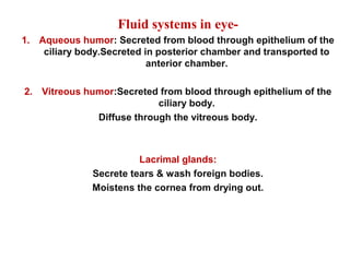 Fluid systems in eye-
1. Aqueous humor: Secreted from blood through epithelium of the
ciliary body.Secreted in posterior chamber and transported to
anterior chamber.
2. Vitreous humor:Secreted from blood through epithelium of the
ciliary body.
Diffuse through the vitreous body.
Lacrimal glands:
Secrete tears & wash foreign bodies.
Moistens the cornea from drying out.
 