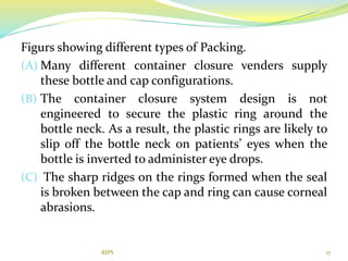 Figurs showing different types of Packing.
(A) Many different container closure venders supply
these bottle and cap configurations.
(B) The container closure system design is not
engineered to secure the plastic ring around the
bottle neck. As a result, the plastic rings are likely to
slip off the bottle neck on patients’ eyes when the
bottle is inverted to administer eye drops.
(C) The sharp ridges on the rings formed when the seal
is broken between the cap and ring can cause corneal
abrasions.
17RIPS
 