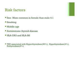  Sex: More common in female than male 4:1
 Smoking
 Middle age
 Autoimmune thyroid disease
 HLA-DR3 and HLA-B8
 TED associated with Hyperthyroidism(90%), Hypothyroidism(4%),
Euthyroidism(6%)
Risk factors
 
